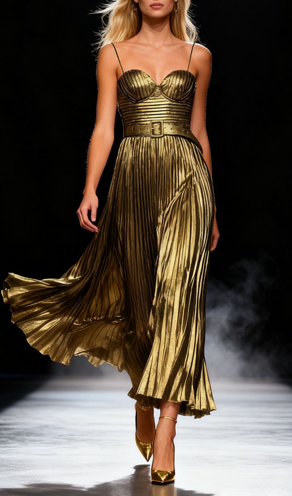 Kalyssa Goddess Gold Pleated Strappy Maxi Dress - Gala & Event Gown