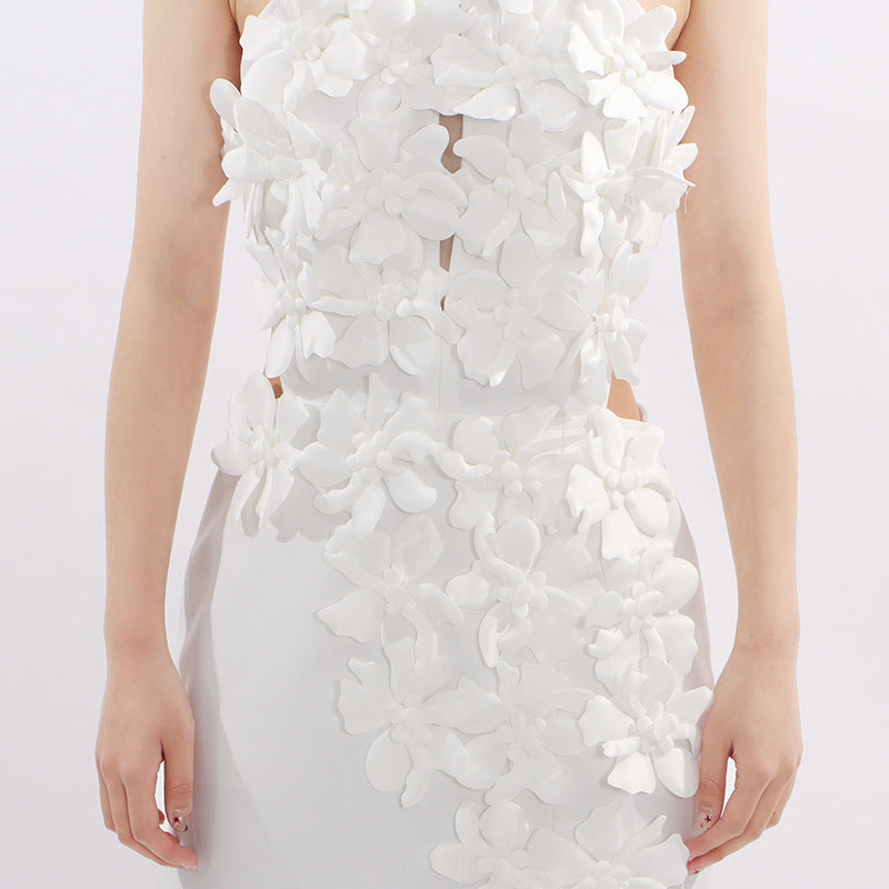 Jezel White 3D Floral Halter Maxi Dress - Elegant Wedding Guest & Gala Gown