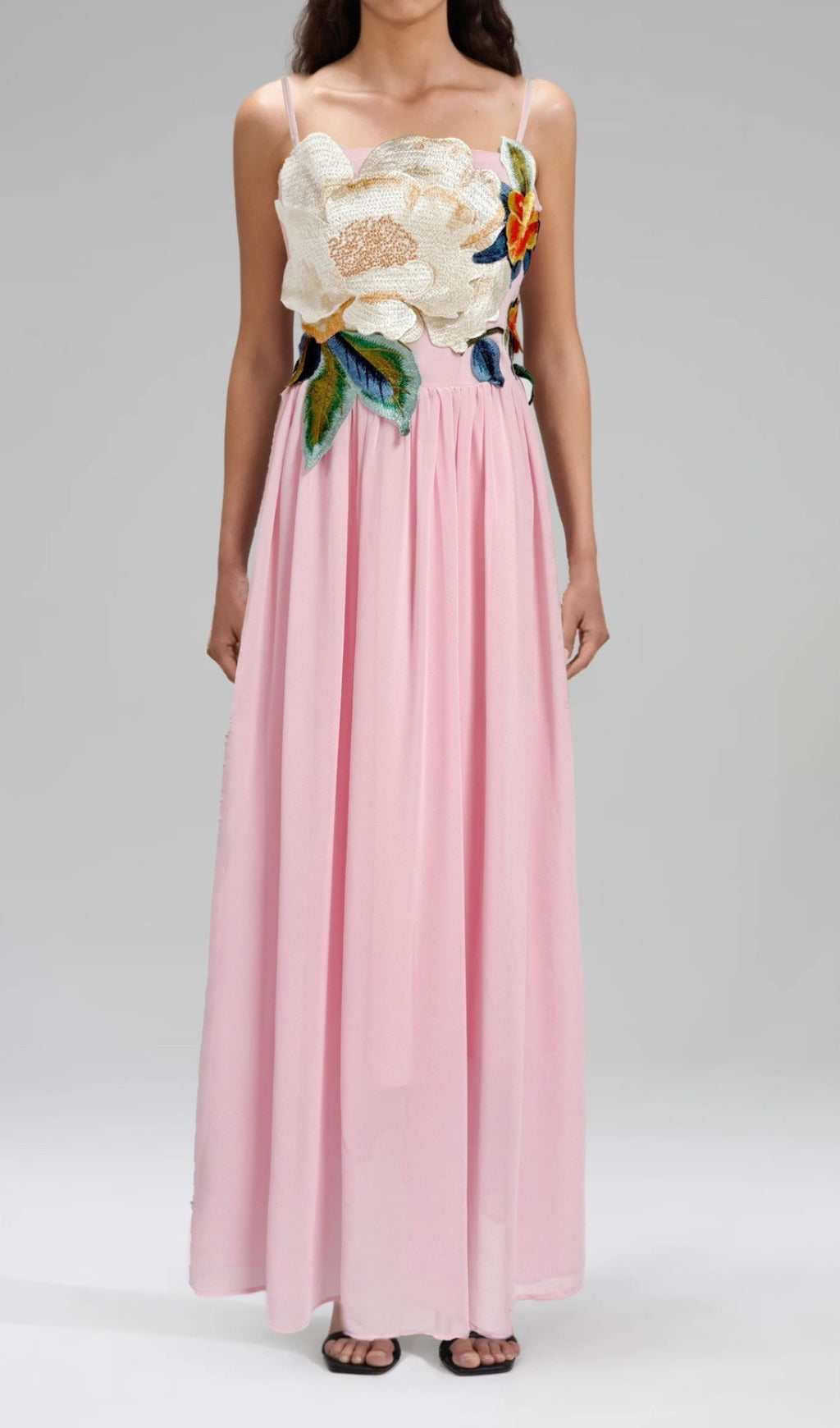 Emanuele Pink Flower Embroidery Maxi Dress