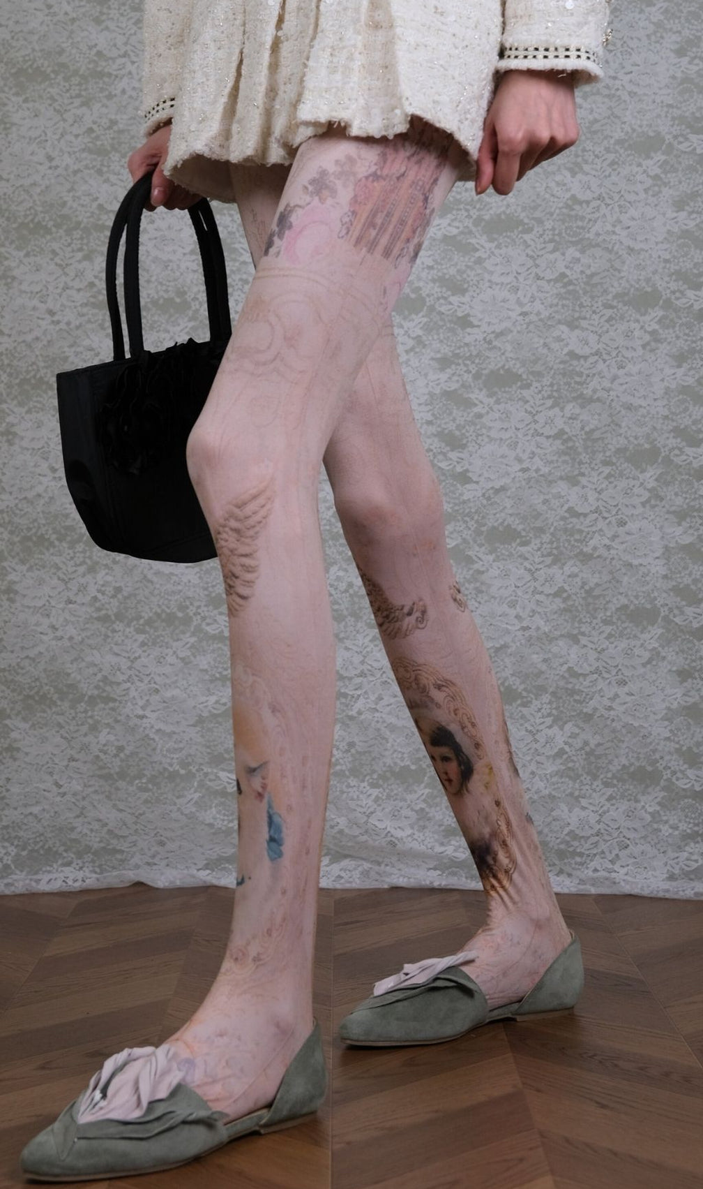 Whimsical Renaissance Portrait Tights | Angel & Cat Art Print Hosiery