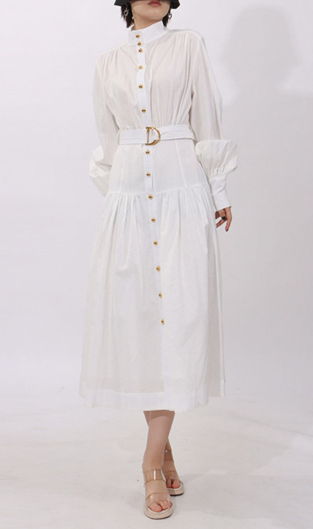 Harlee White Belt Long Sleeve Midi Dress