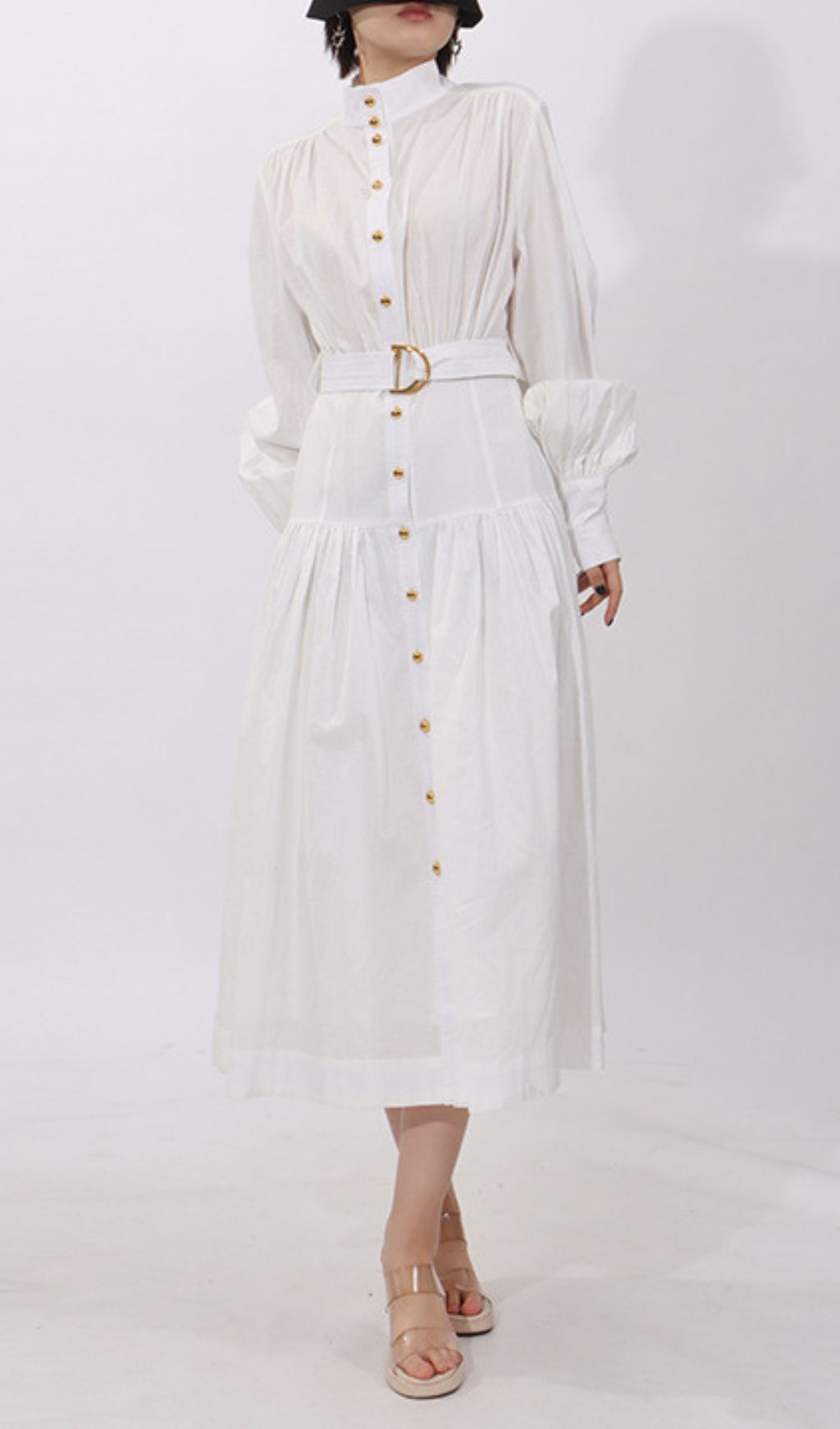 Harlee White Belt Long Sleeve Midi Dress