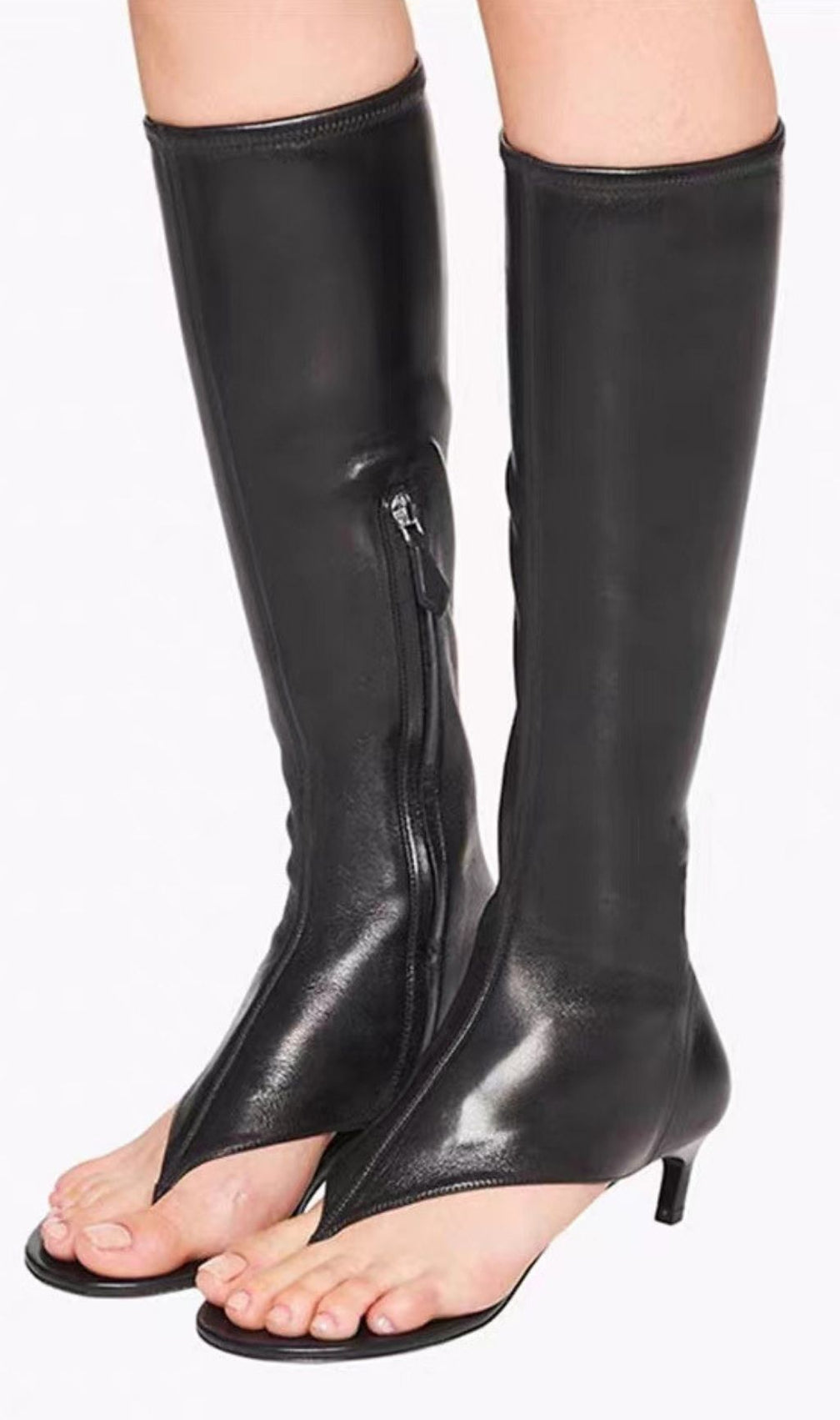Andrej Thong-Toe Leather Knee-High Boots with Kitten Heel