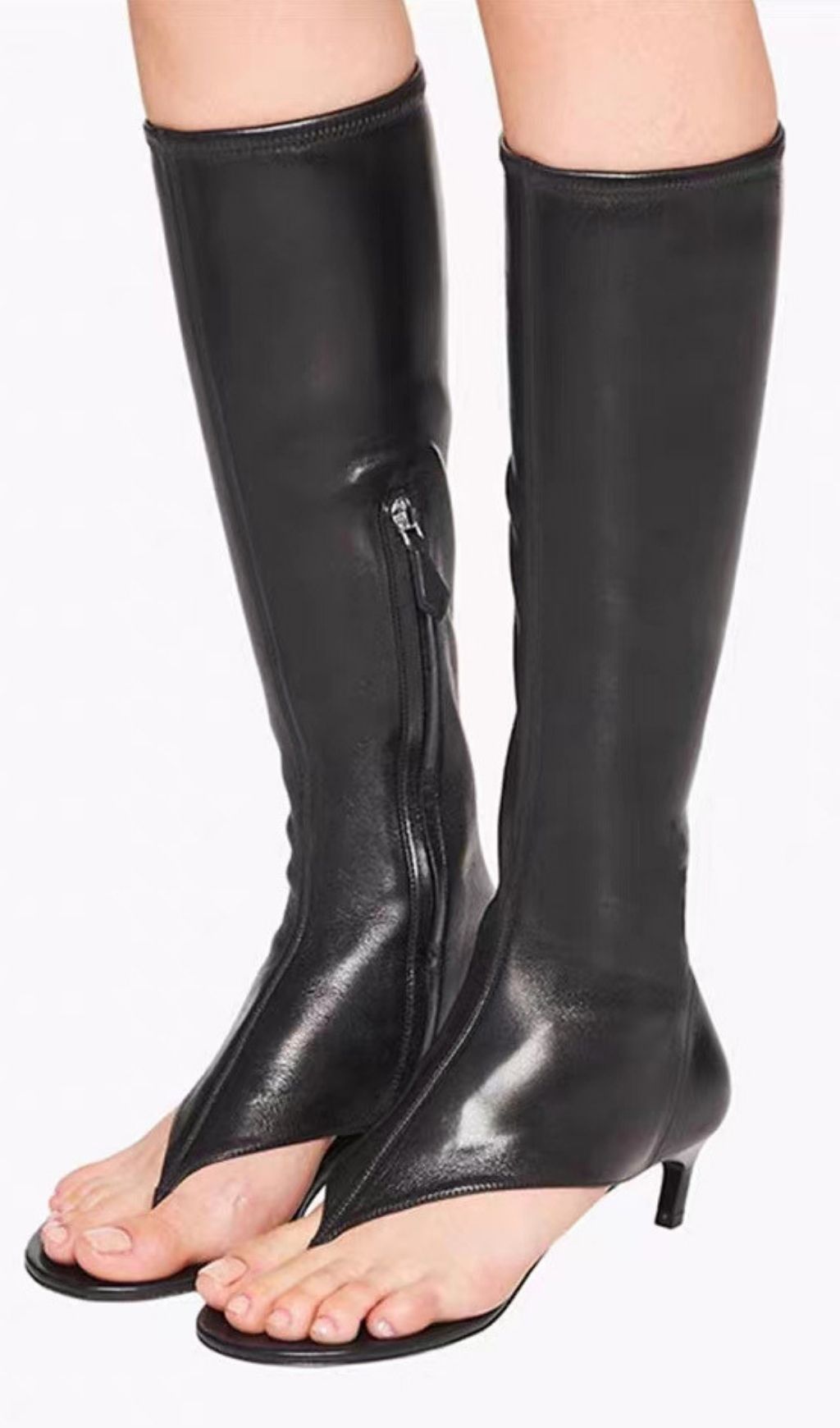 Andrej Thong-Toe Leather Knee-High Boots with Kitten Heel