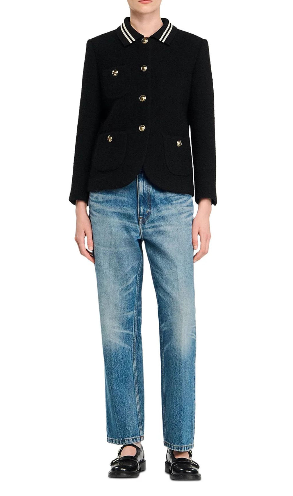 Chic Black Tweed Jacket | Contrast Striped Collar & Gold Buttons