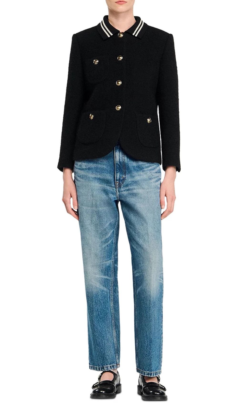 Chic Black Tweed Jacket | Contrast Striped Collar & Gold Buttons