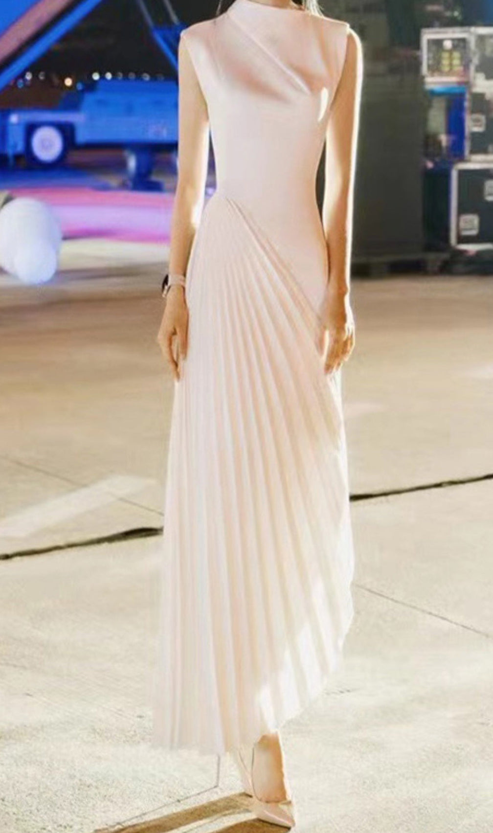 White Diagonal Pleated Midi Dress