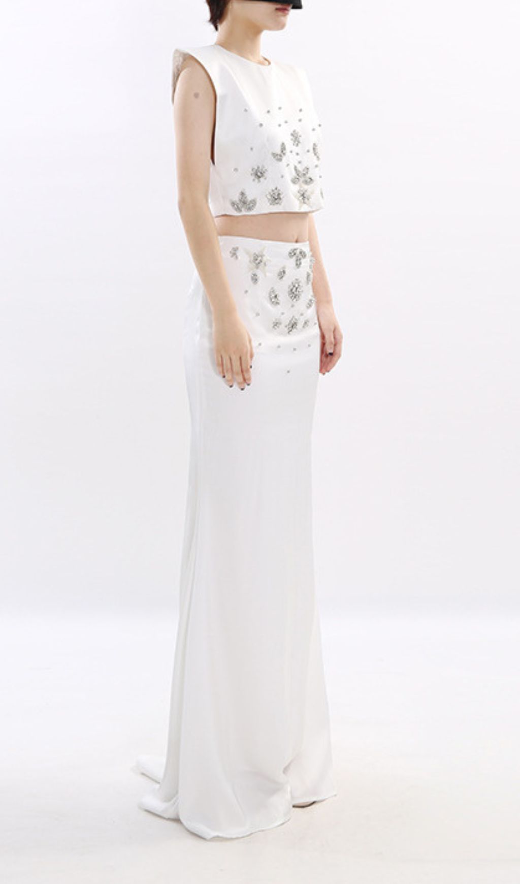 Juro White Diamante Embellished Two-Piece Set | Crop Top & Maxi Skirt