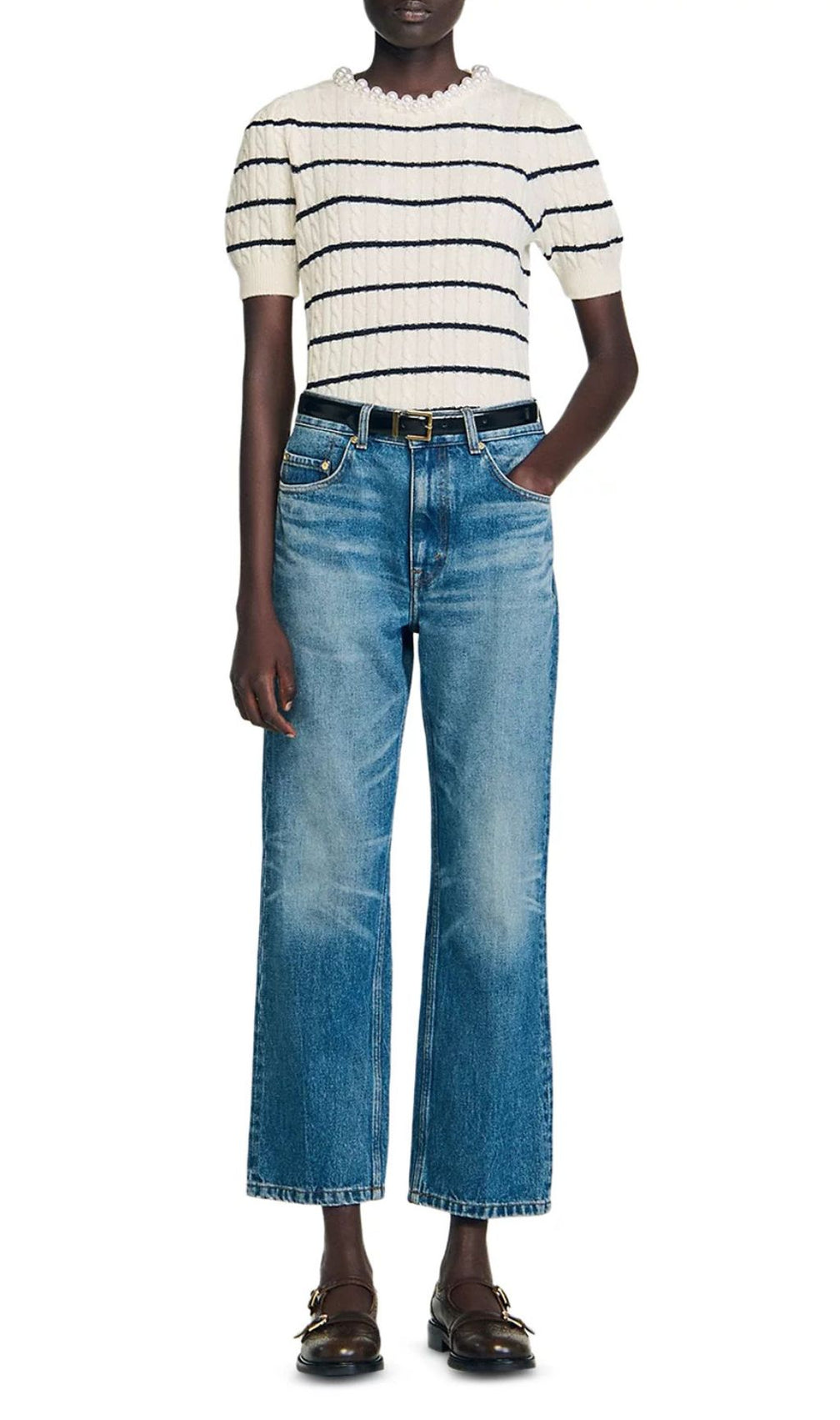 Chic Faux Pearl Collar Striped Cable Knit Sweater - Women's Short Sleeve Top