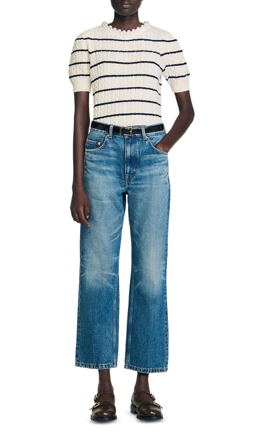 Chic Faux Pearl Collar Striped Cable Knit Sweater - Women's Short Sleeve Top