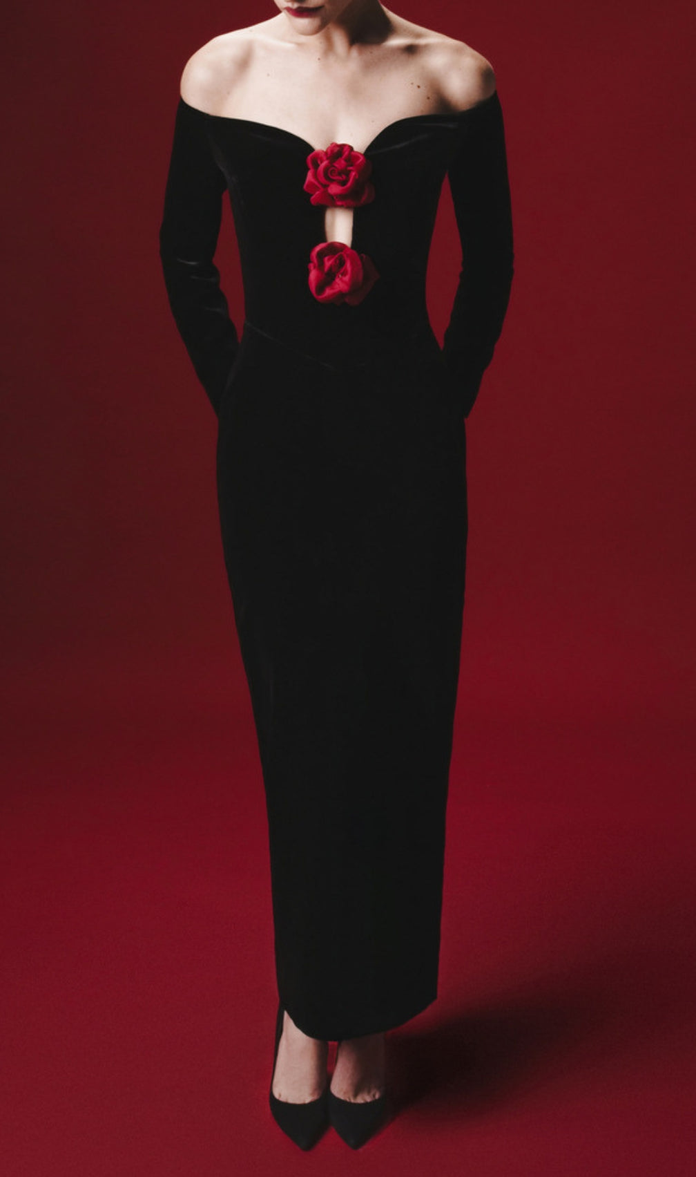 Brocade Black Long Sleeve Flower Velvet Maxi Dress