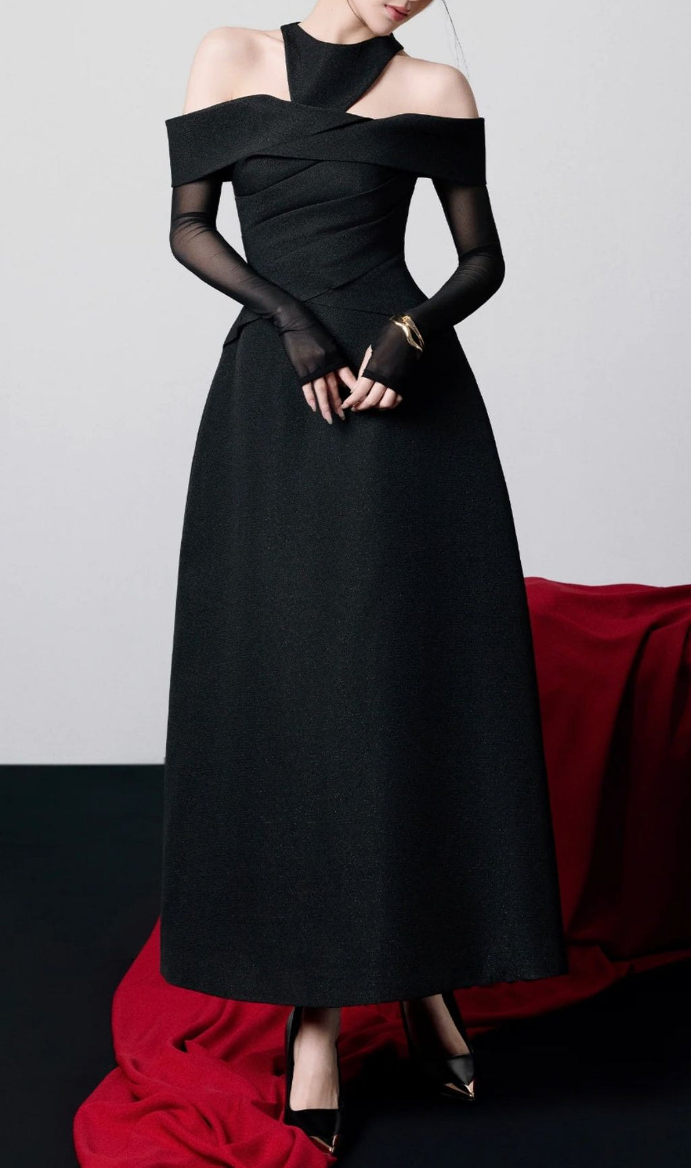 Kesha Black Off-Shoulder Maxi Gown with Sheer Sleeves | Elegant Evening Dress