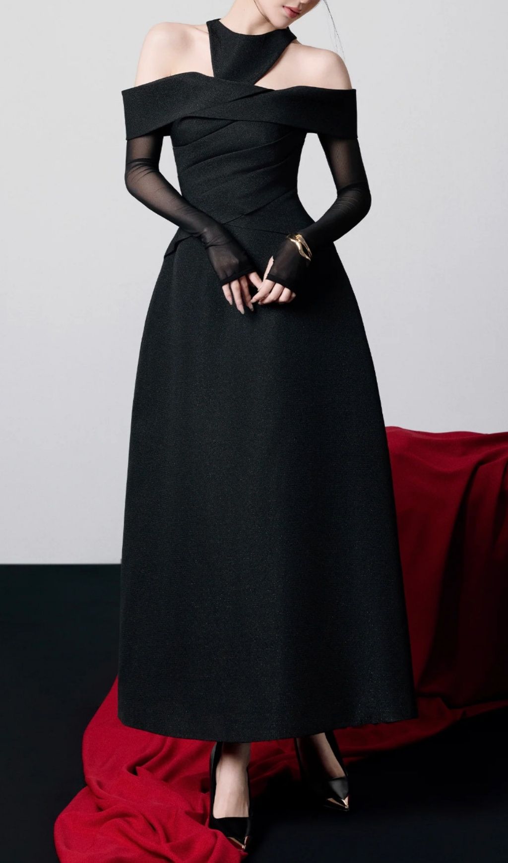 Kesha Black Off-Shoulder Maxi Gown with Sheer Sleeves | Elegant Evening Dress