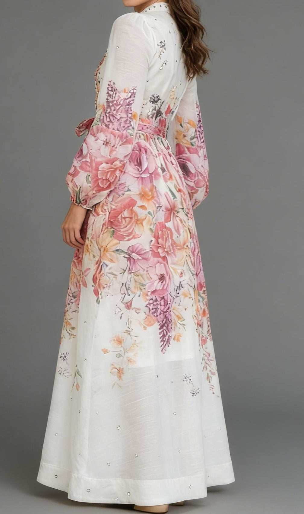 Karishma Floral Maxi Dress | Elegant Long Sleeve Tie-Waist Gown