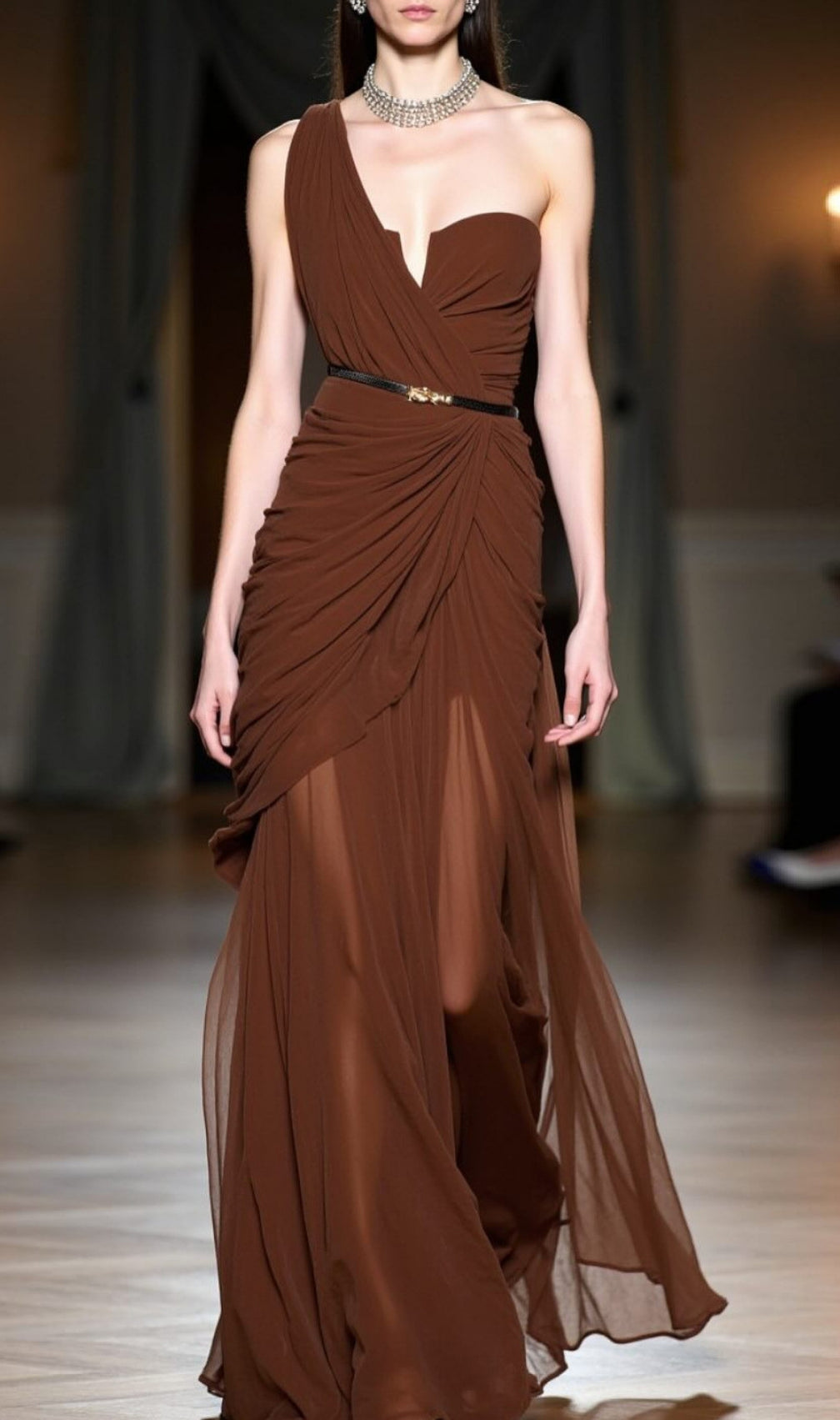 Eachna Coffee One-Shoulder Mesh Maxi Dress