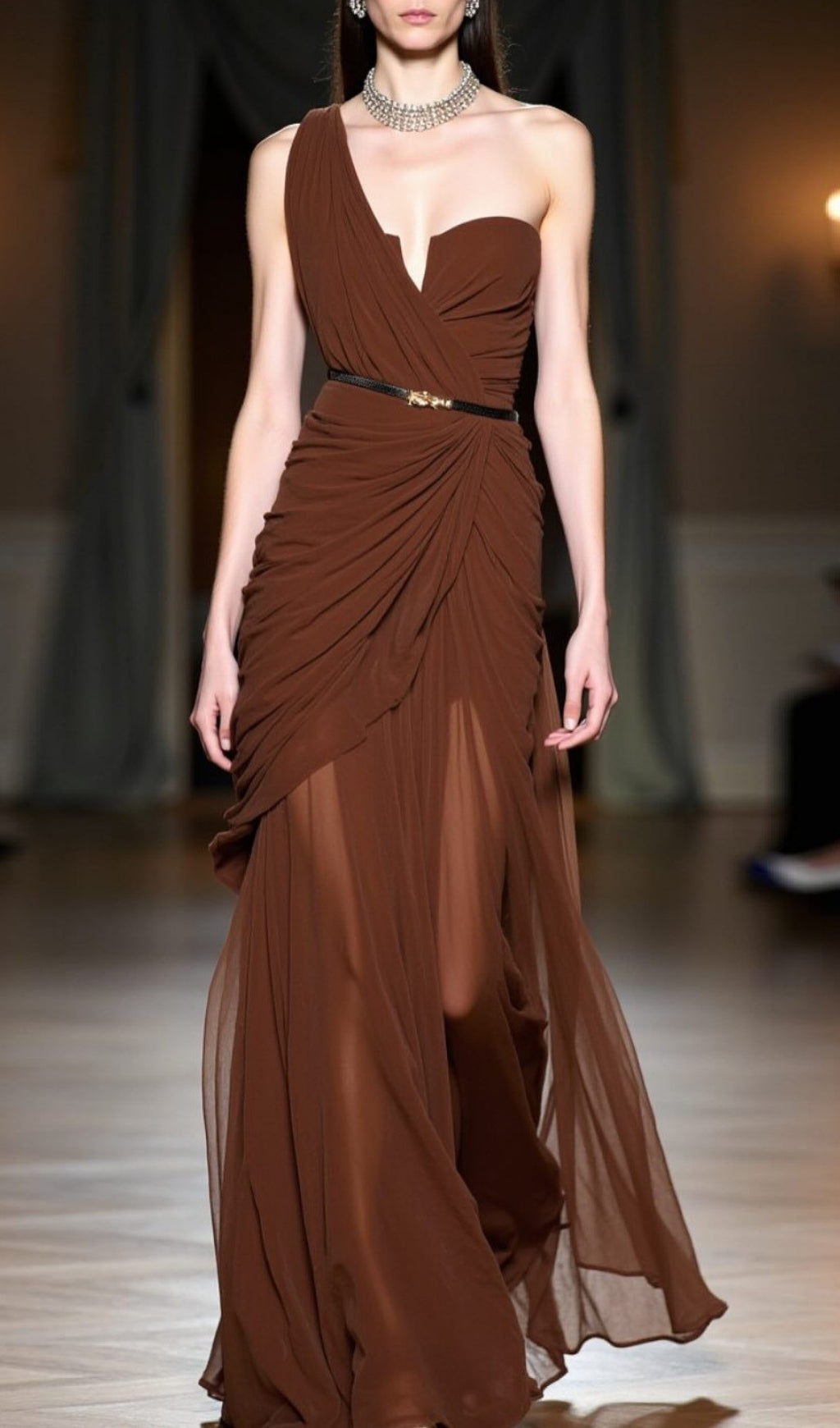 Eachna Coffee One-Shoulder Mesh Maxi Dress