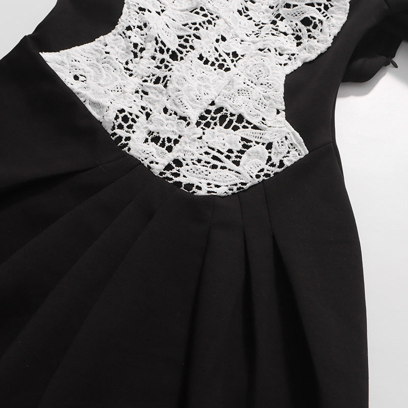 Elegant Black Maxi Dress with White Lace Corset Bodice | Long Sleeve Formal Gown