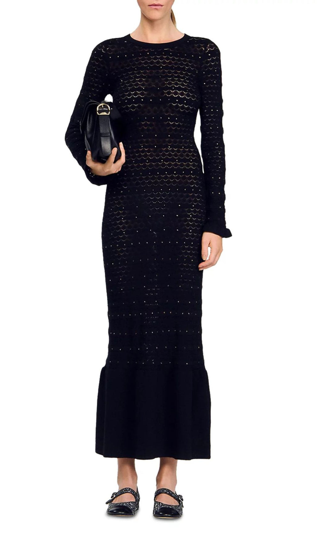 Glamorous Rhinestone Knit Maxi Dress with Ruffle Hem