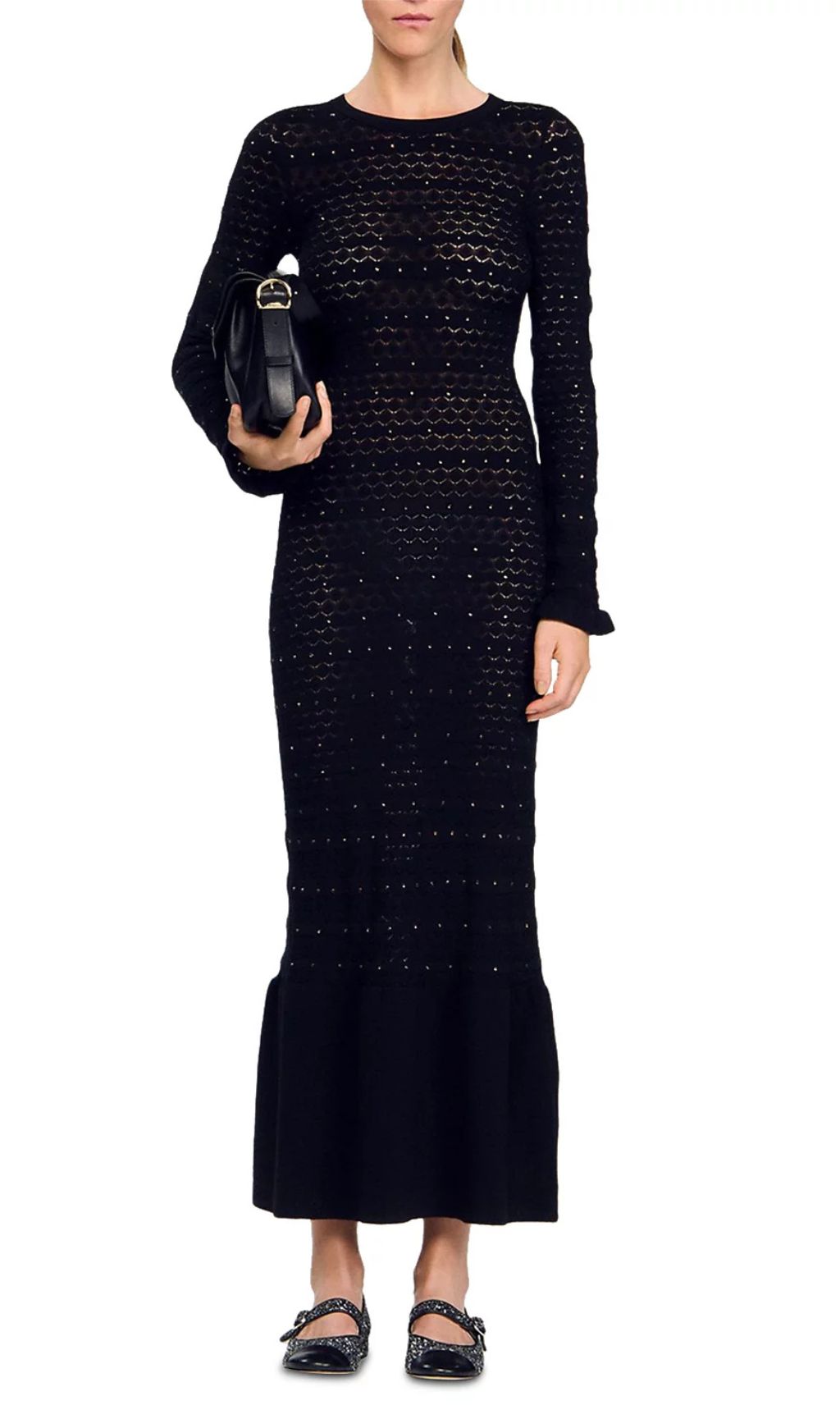 Glamorous Rhinestone Knit Maxi Dress with Ruffle Hem