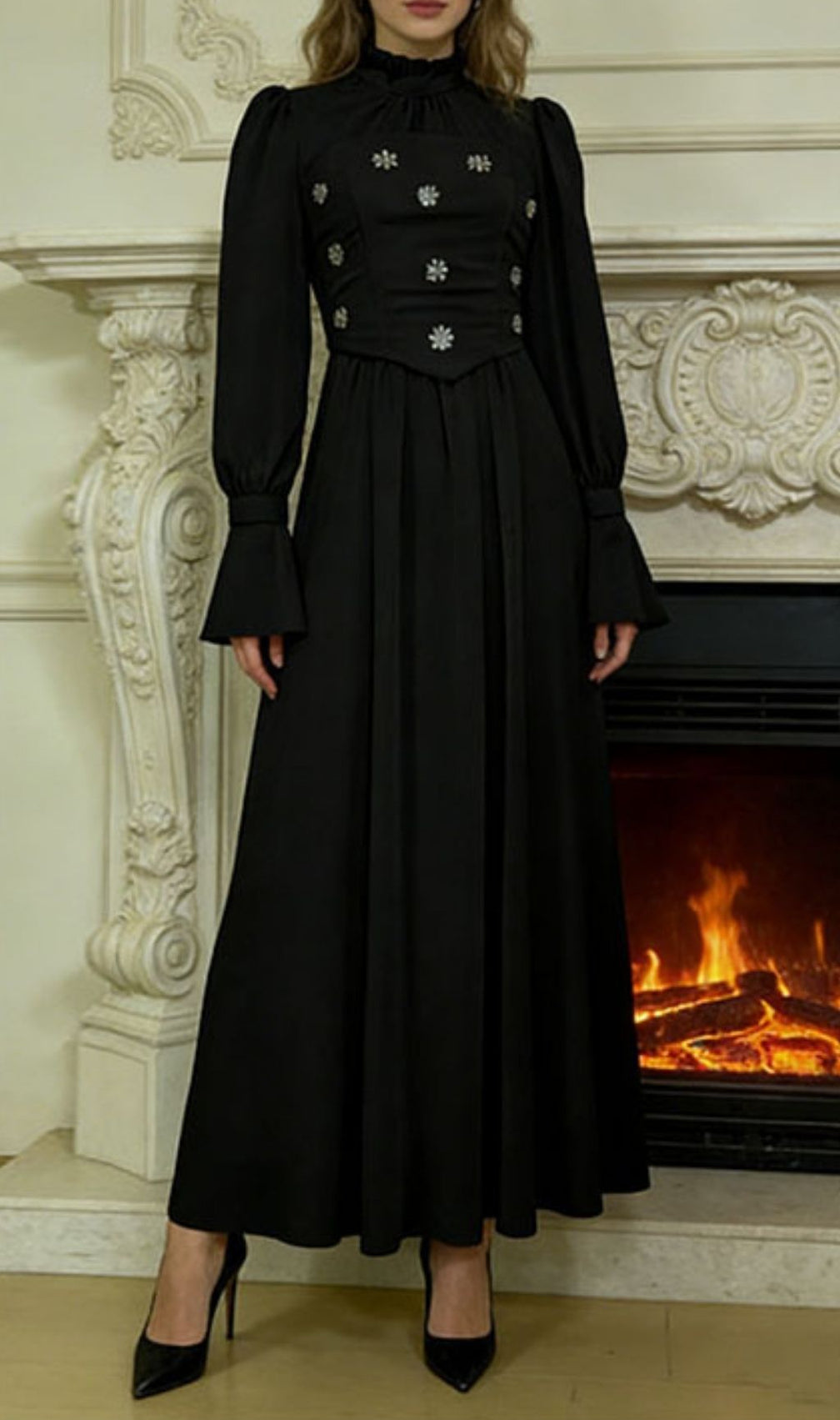 Kasha Opulent Embellished Long Sleeve Black Maxi Dress - Formal Gala & Wedding Gown