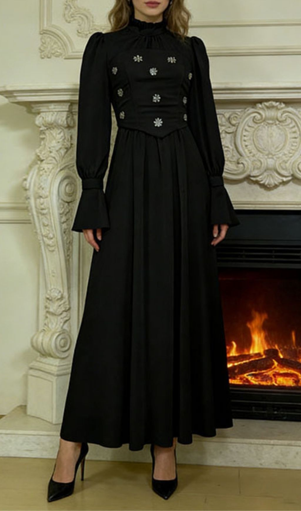 Kasha Opulent Embellished Long Sleeve Black Maxi Dress - Formal Gala & Wedding Gown