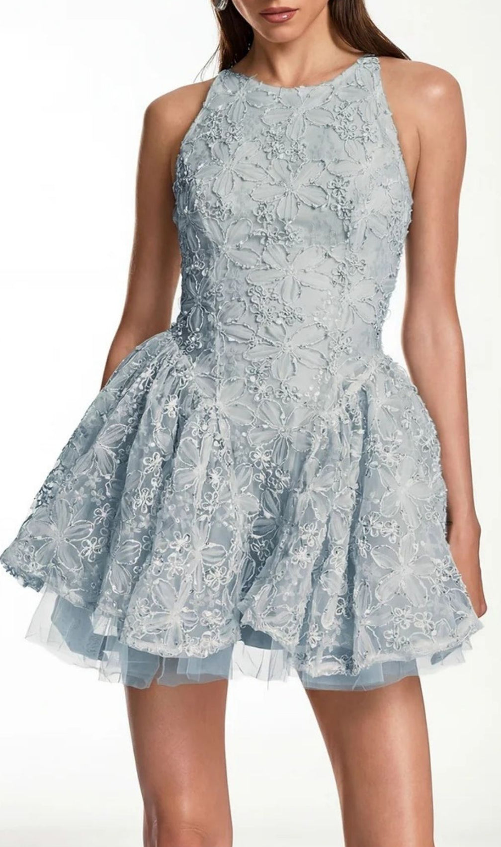 Katsumi Blue Floral Halter Mini Dress | Chic & Romantic Lace