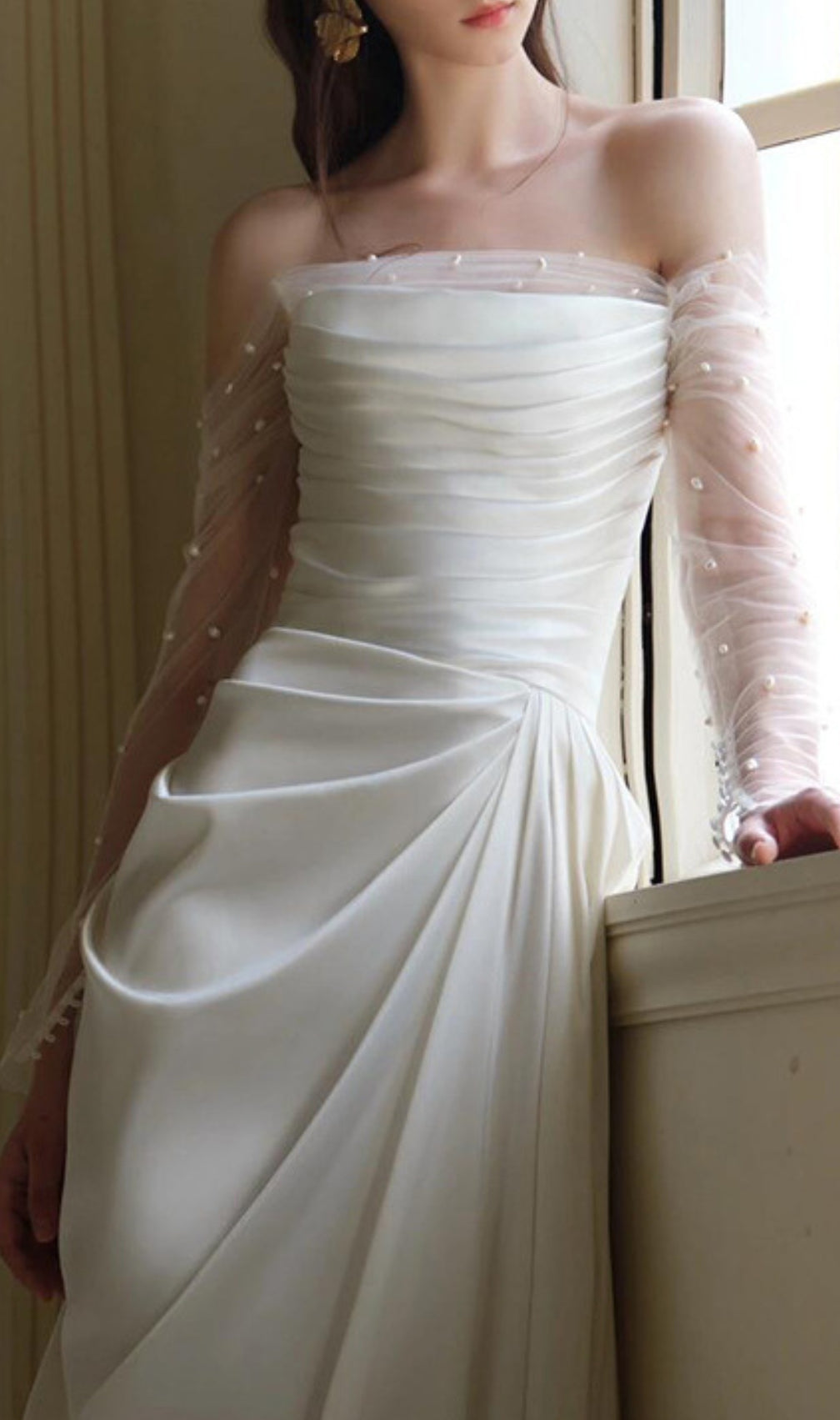 Delta White Mesh Sleeve Ruched Wedding Dress
