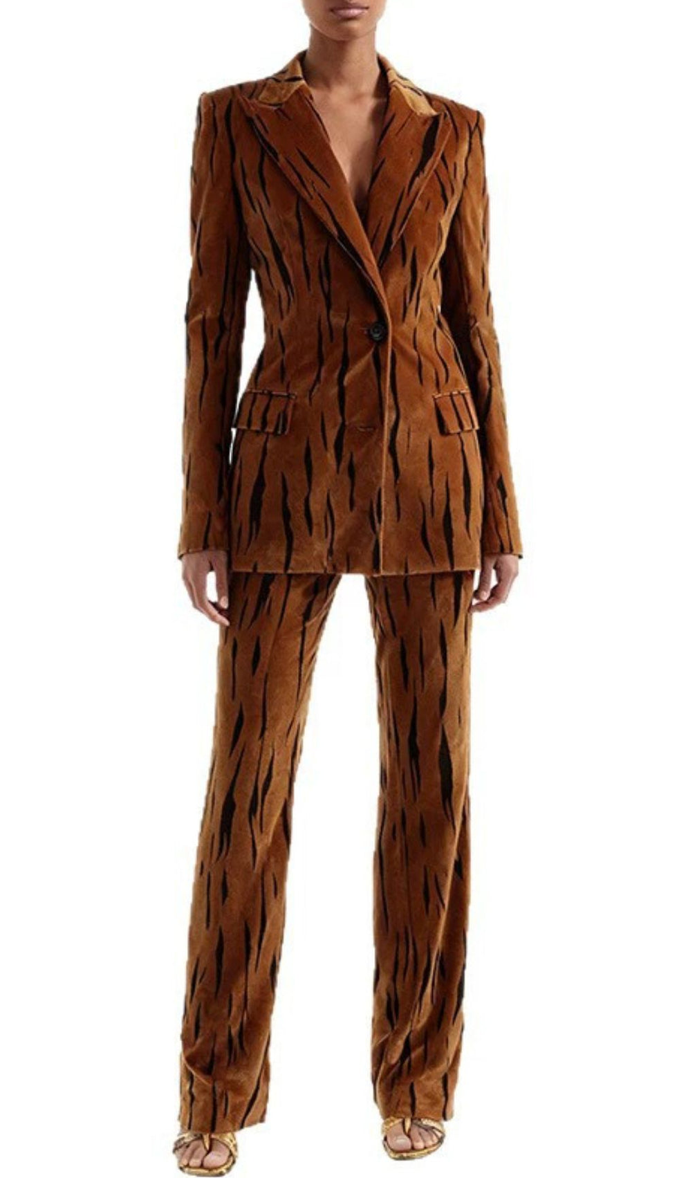 Jerrica Velvet Tiger Stripe Power Suit Set | Women's Luxe Blazer & Pants