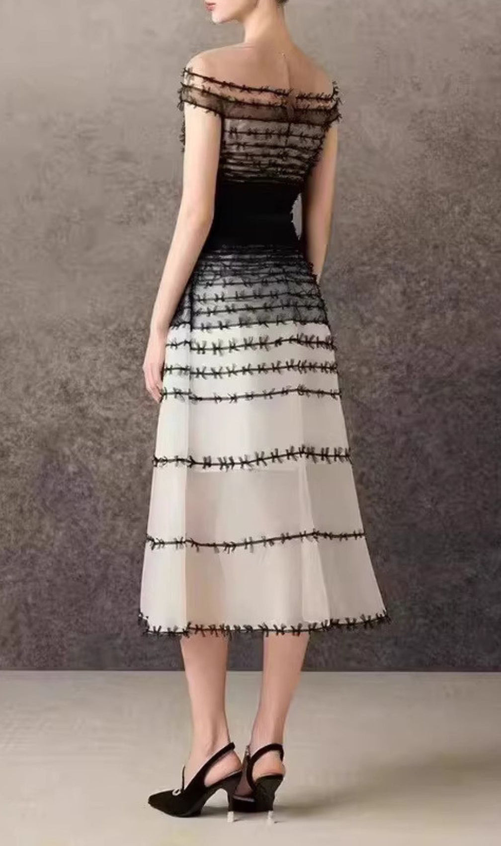 Kaidence Elegant Two-Tone Illusion Neck A-Line Midi Dress - Unique Mesh Lace & Tiered Design