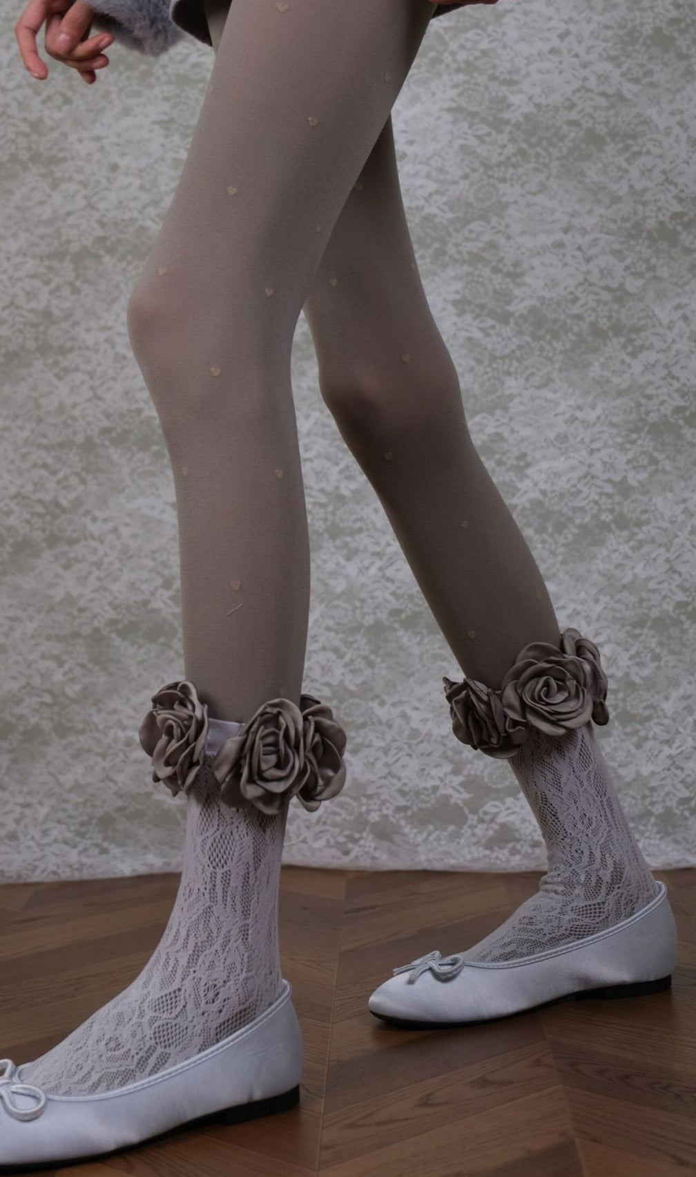 Romantic Coquette: Grey Heart Tights, Rose Lace Socks & Ankle Cuffs Set