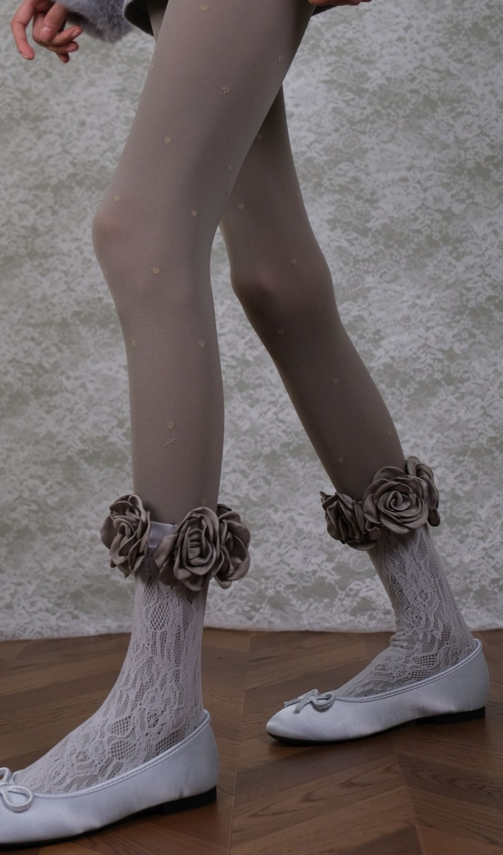 Romantic Coquette: Grey Heart Tights, Rose Lace Socks & Ankle Cuffs Set