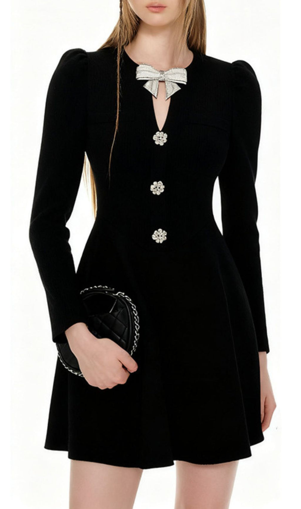 Italia Chic Black Bow Mini Dress - Elegant Long Sleeve Statement