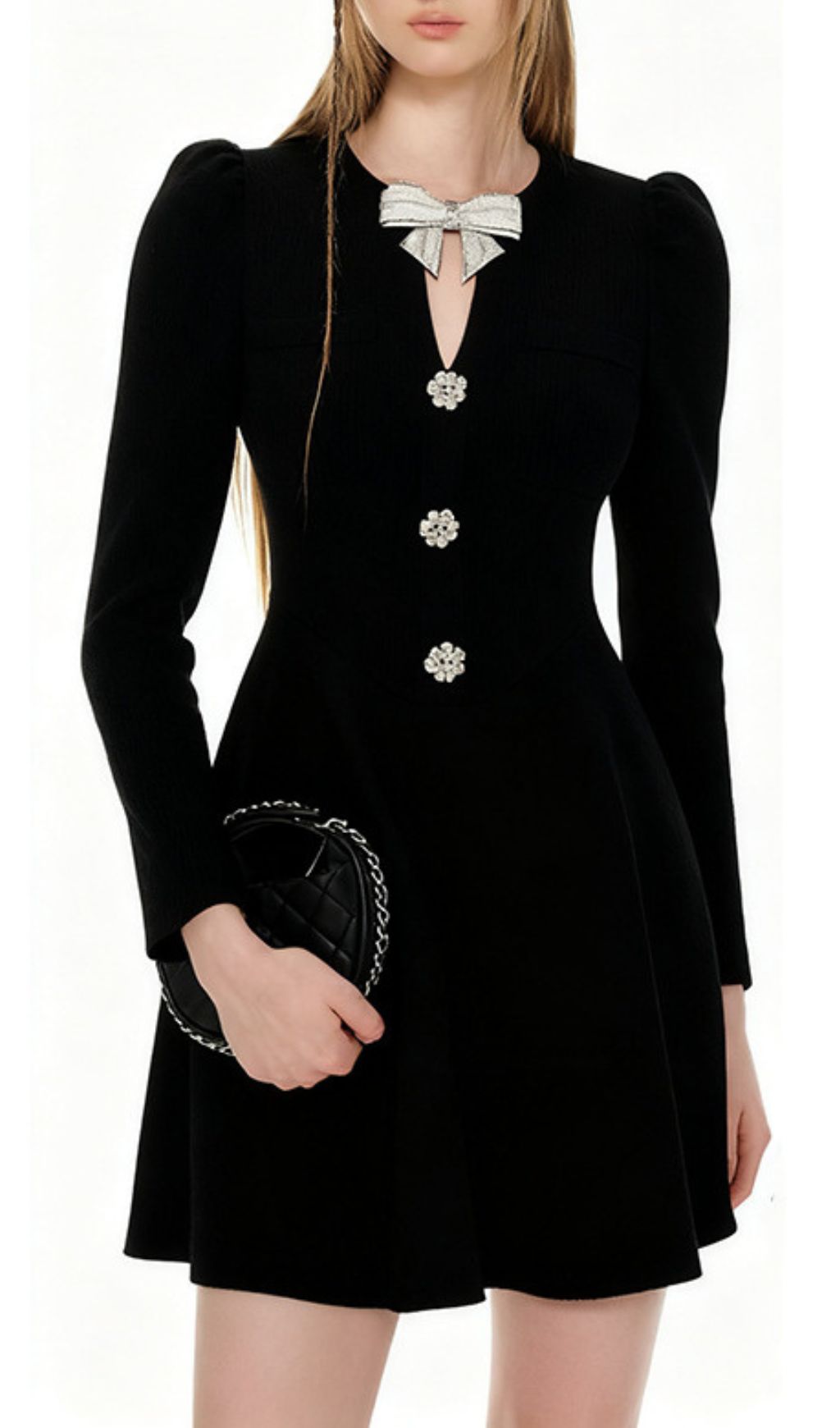 Italia Chic Black Bow Mini Dress - Elegant Long Sleeve Statement