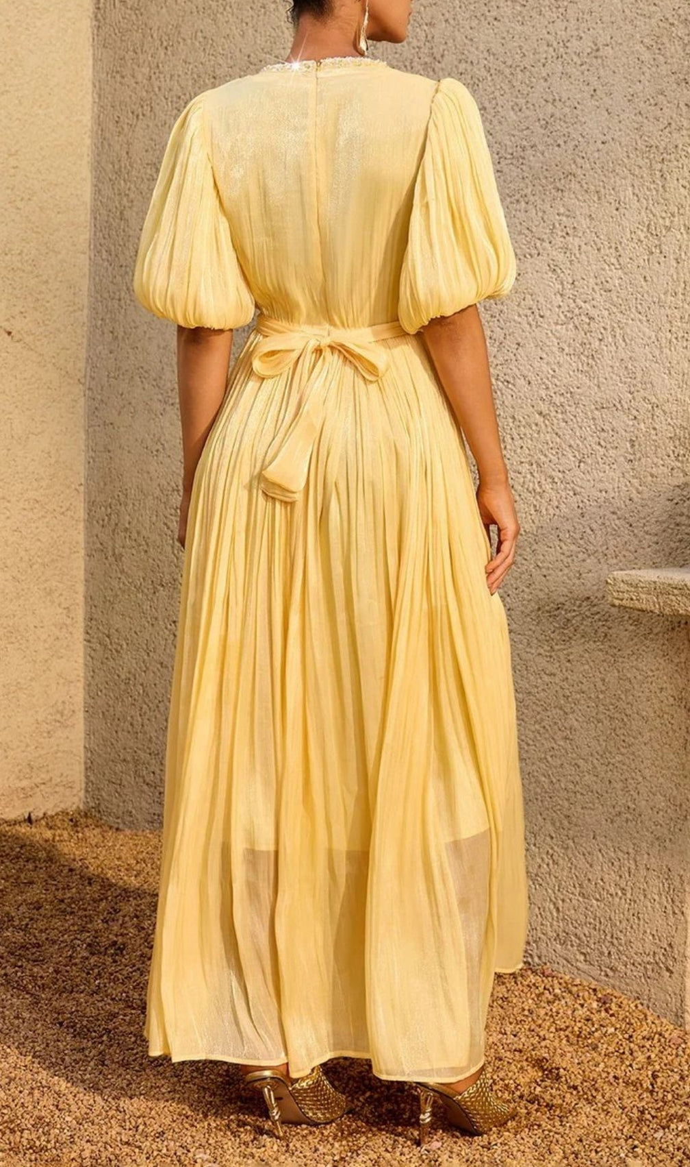 Istralion Puff Sleeve Flower Sequin Maxi Dress
