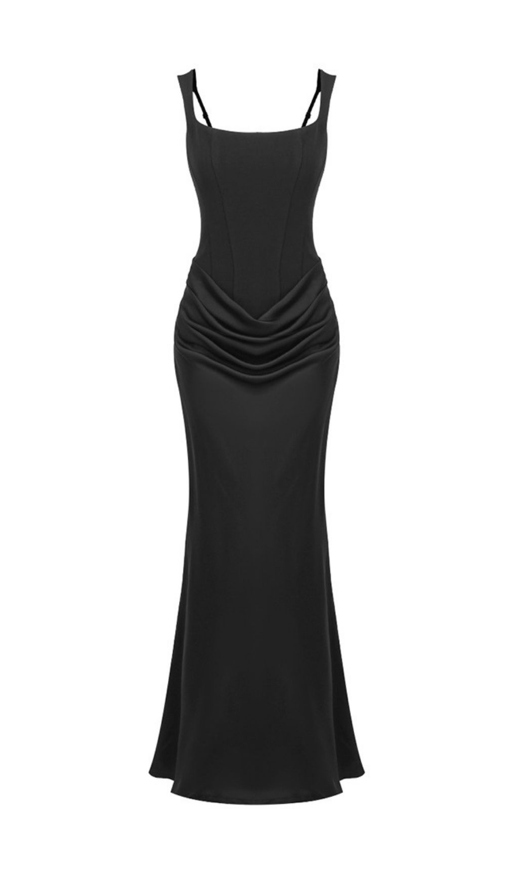 Keelia Elegant Black Corset Maxi Dress - Figure-Flattering Ruched Strappy Gown