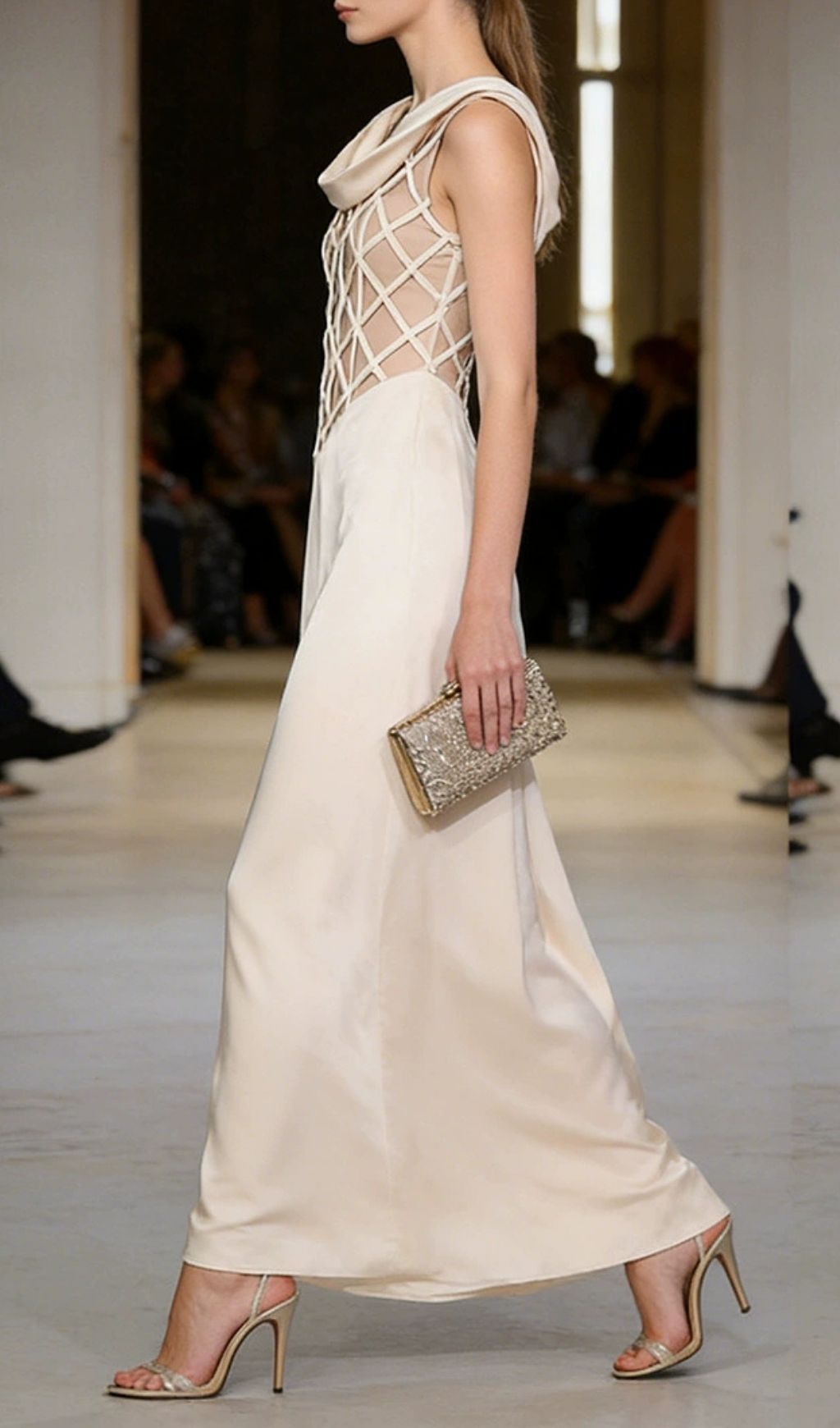 Keyra Champagne Satin Maxi Gown with Geometric Lattice Bodice & Cowl Neck