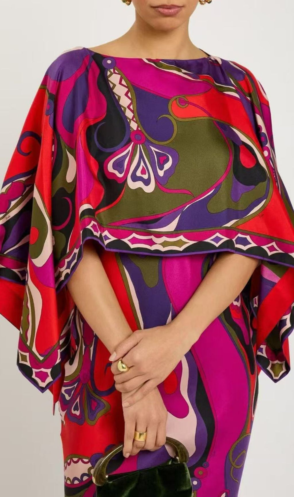 Keller Vibrant Abstract Print Maxi Dress with Dramatic Cape