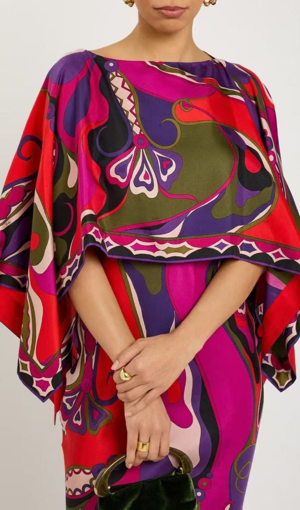 Keller Vibrant Abstract Print Maxi Dress with Dramatic Cape