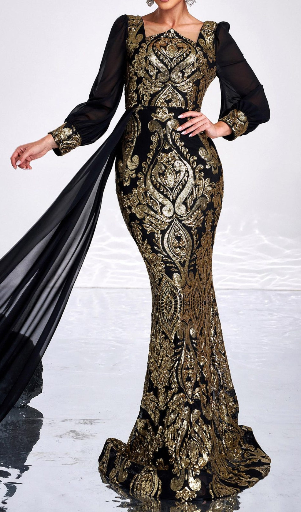 Cherry Gold Sequin Long Sleeve Maxi Dress