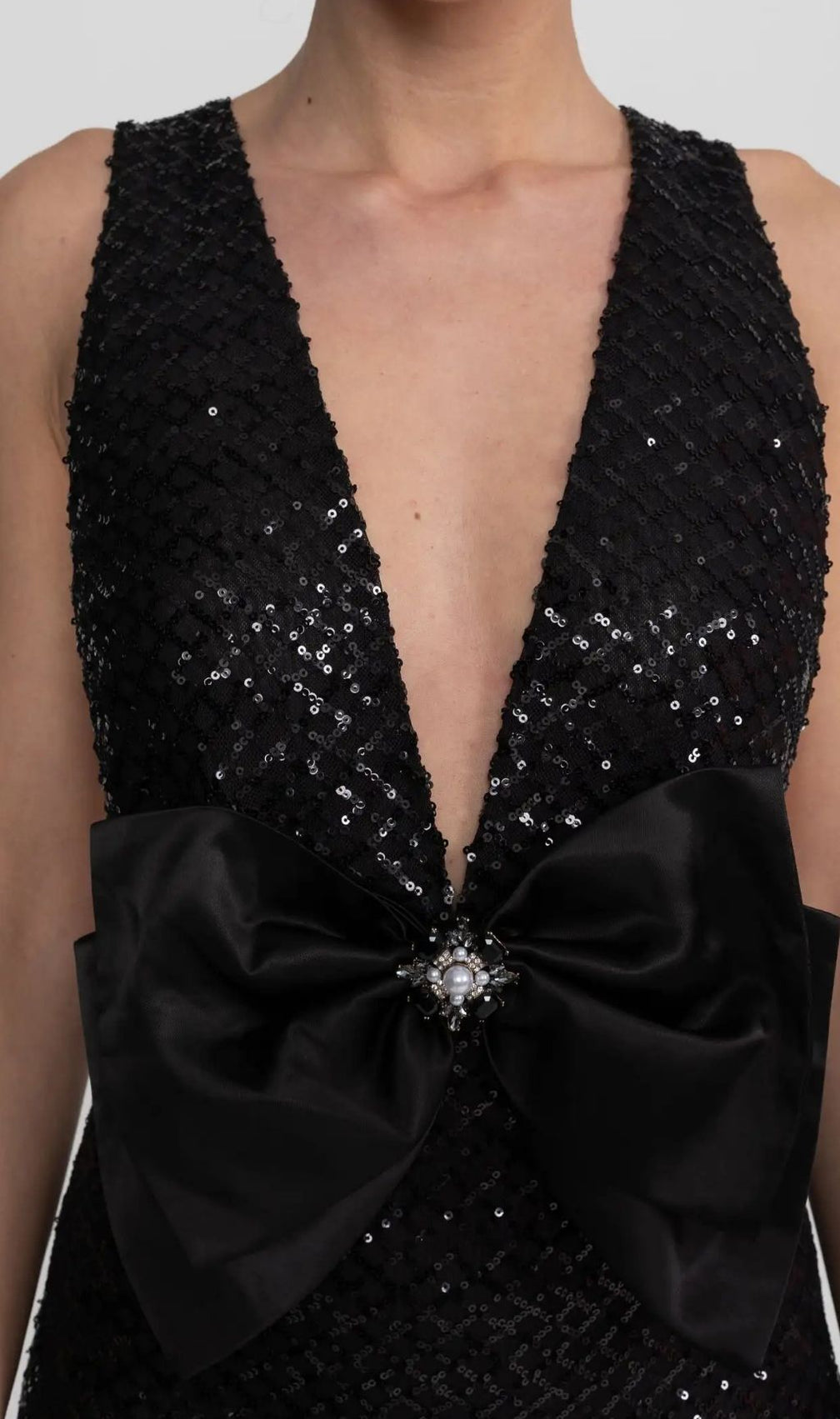 Sequin Maxi Dress With Satin Bow Detail - Black