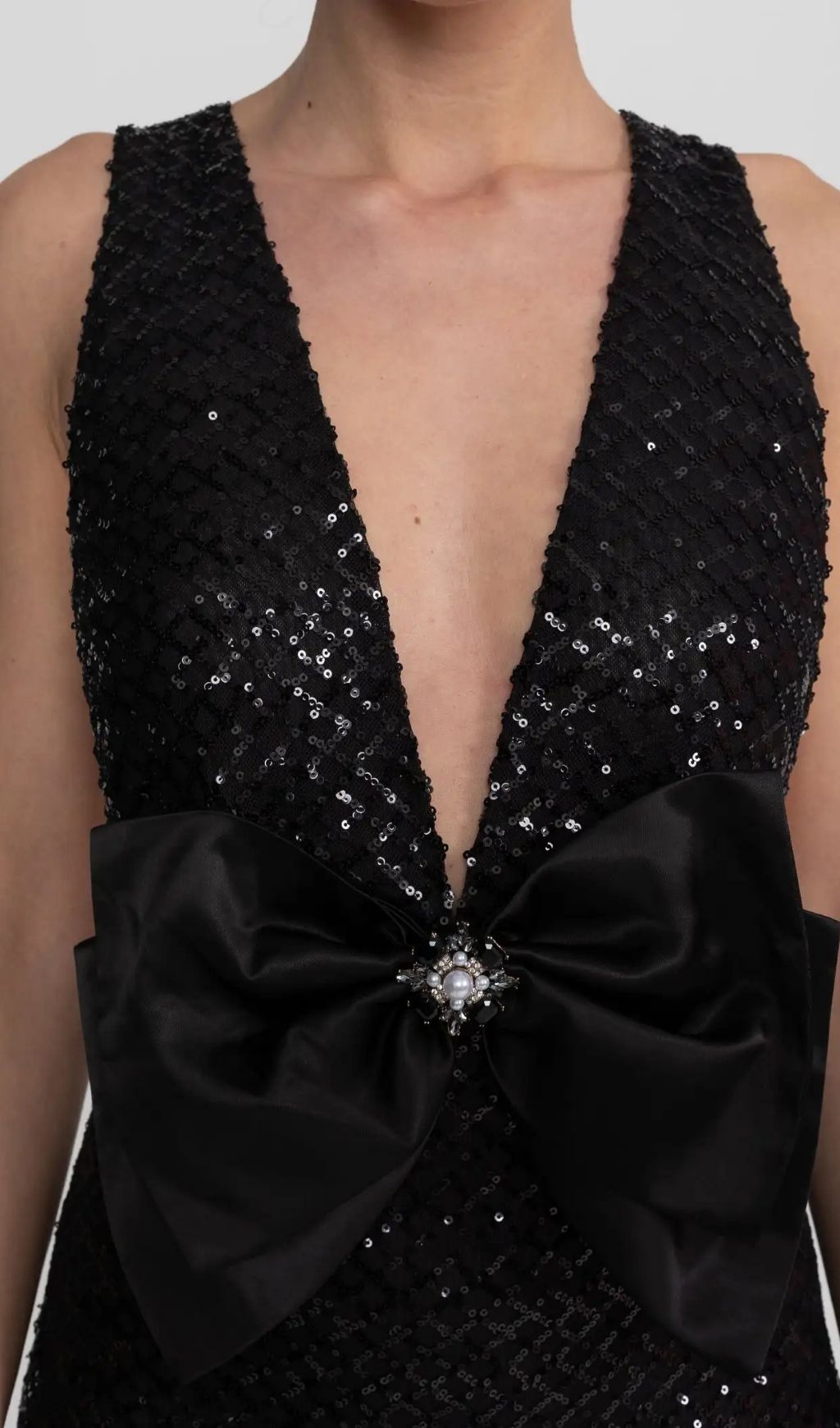 Sequin Maxi Dress With Satin Bow Detail - Black