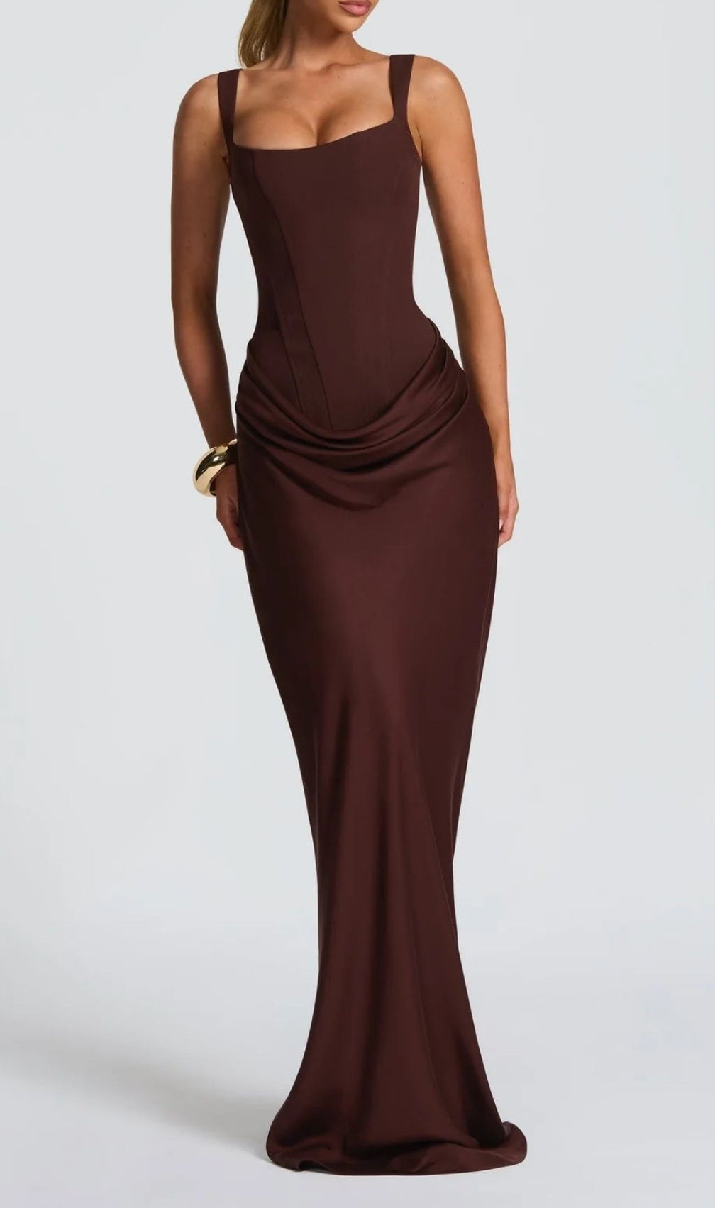 Keelia Luxe Brown Corset Maxi Dress | Elegant Ruched Gown for Special Occasions