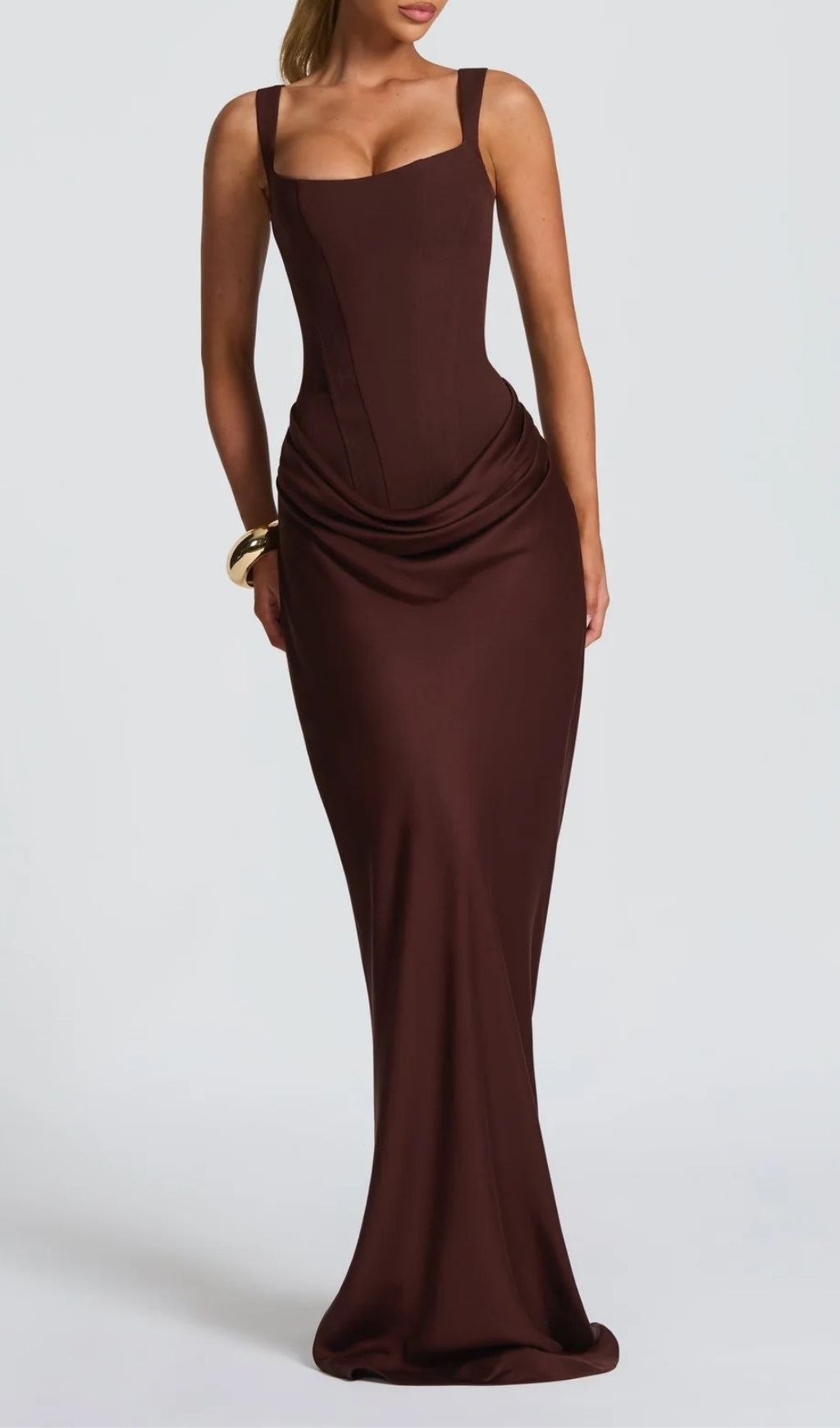 Keelia Luxe Brown Corset Maxi Dress | Elegant Ruched Gown for Special Occasions