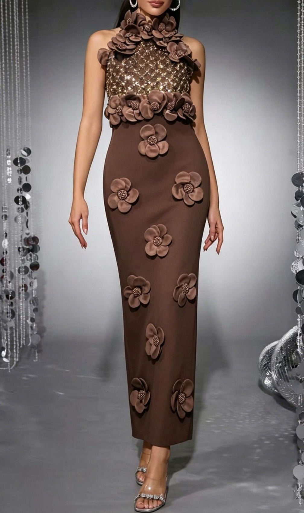 Kelsey Luxe Coffee Halter Sequin & 3D Floral Appliqué Bandage Maxi Dress