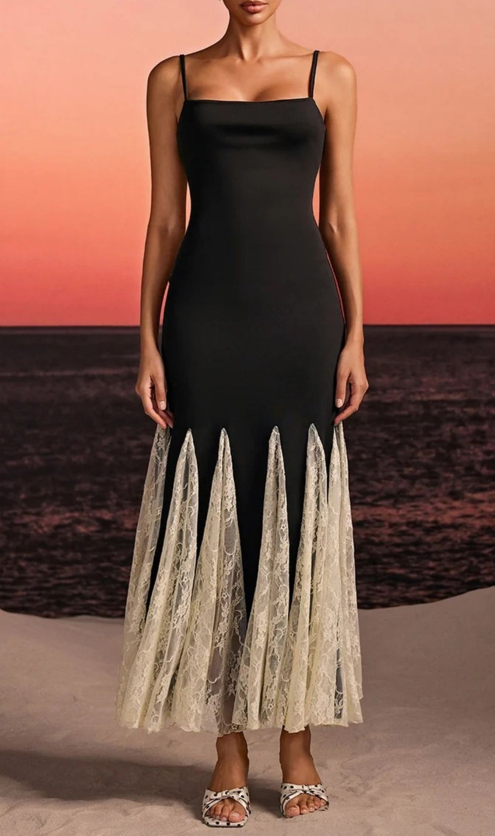 Farsel Elegant Spaghetti Strap Black & Lace Flared Maxi Dress - Evening & Occasions