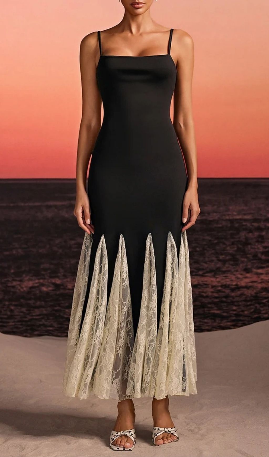 Farsel Elegant Spaghetti Strap Black & Lace Flared Maxi Dress - Evening & Occasions