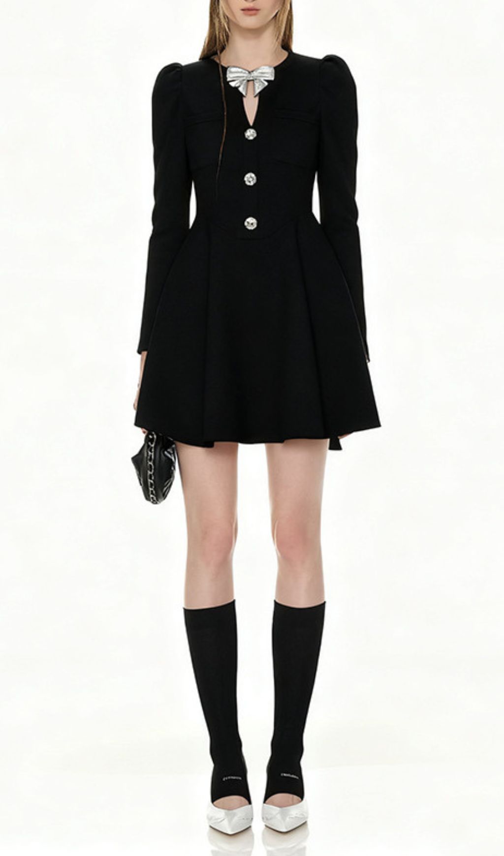 Italia Chic Black Bow Mini Dress - Elegant Long Sleeve Statement