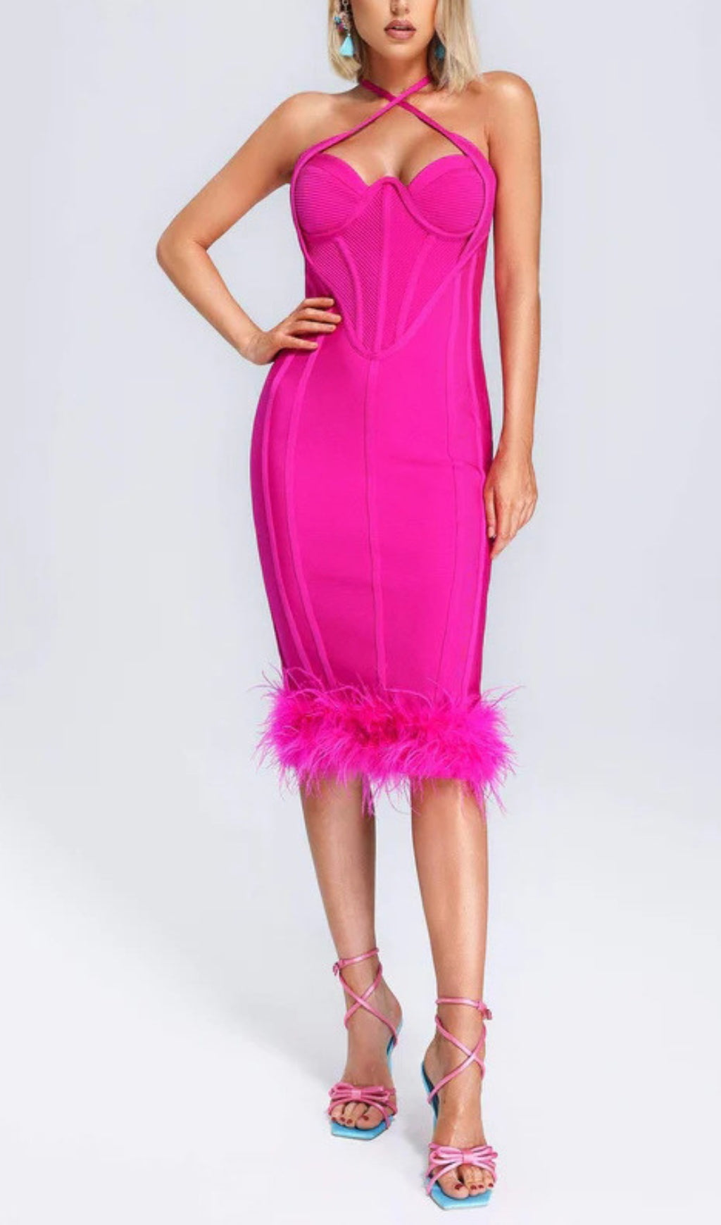 Rose Red Ostrich Feather Halter Neck Backless Tight Dress