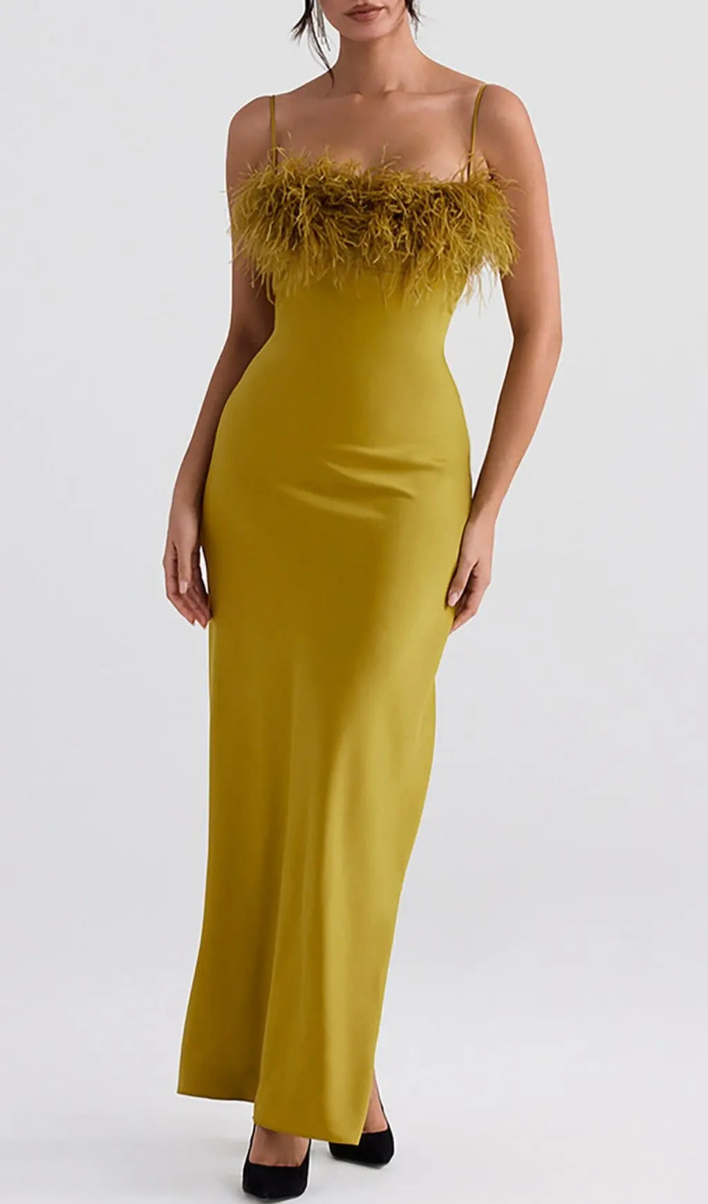 Chartreuse Strappy Feather-Trim Maxi Dress