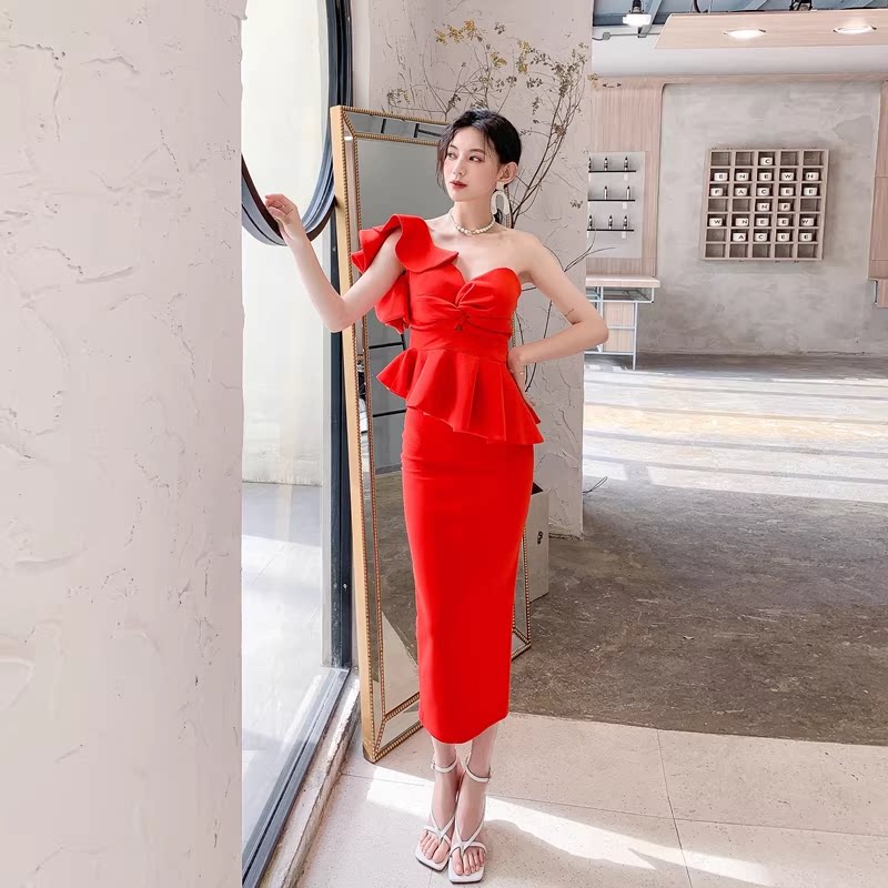 Elegant Strapless Ruffle Backless Maxi Dress Set with Peplum - Glamorous Evening Gown